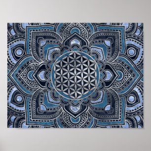 Flower of Life in Lotus - Blue Crystal and Silver Poster