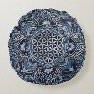 Flower of Life in Lotus - Blue Crystal and Silver Round Cushion