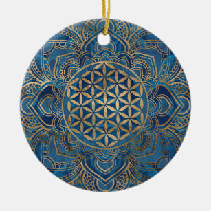 Flower of Life in Lotus - Blue Marble and Gold Ceramic Tree Decoration