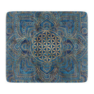 Flower of Life in Lotus - Blue Marble and Gold Cutting Board