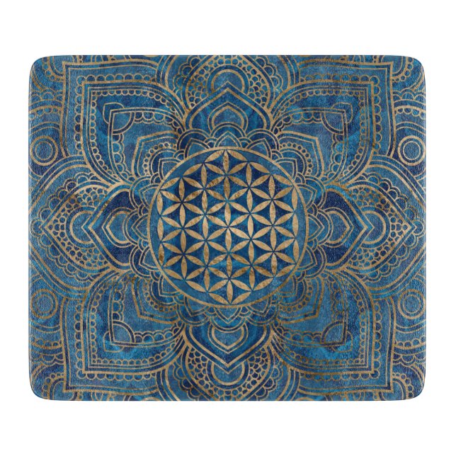 Flower of Life in Lotus - Blue Marble and Gold Cutting Board (Front)