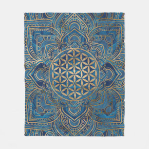 Flower of Life in Lotus - Blue Marble and Gold Fleece Blanket