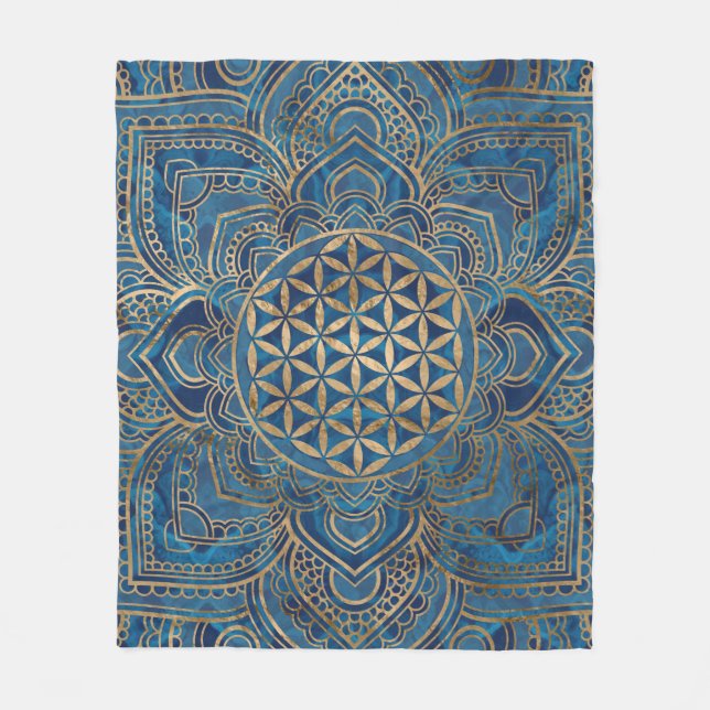 Flower of Life in Lotus - Blue Marble and Gold Fleece Blanket (Front)