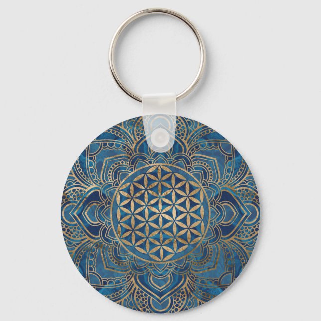 Flower of Life in Lotus - Blue Marble and Gold Key Ring (Front)