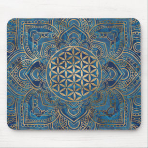 Flower of Life in Lotus - Blue Marble and Gold Mouse Mat