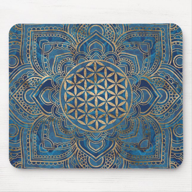 Flower of Life in Lotus - Blue Marble and Gold Mouse Mat (Front)
