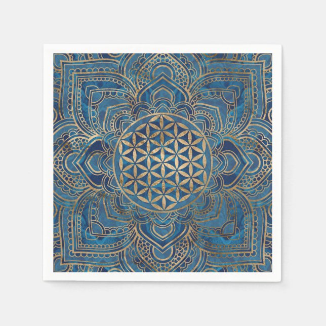 Flower of Life in Lotus - Blue Marble and Gold Napkin (Front)