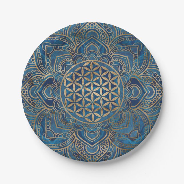 Flower of Life in Lotus - Blue Marble and Gold Paper Plate (Front)