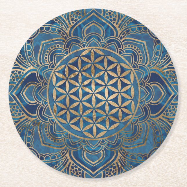 Flower of Life in Lotus - Blue Marble and Gold Round Paper Coaster (Front)
