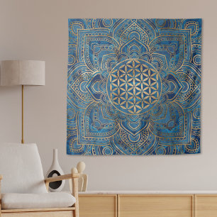 Flower of Life in Lotus - Blue Marble and Gold Tapestry