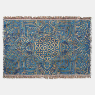 Flower of Life in Lotus - Blue Marble and Gold Throw Blanket