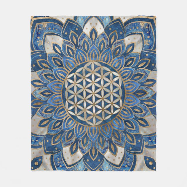 Flower of Life in Lotus - Blue Marble and Pearl Fleece Blanket (Front)