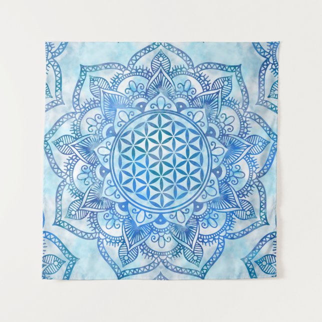 Flower of Life in Lotus - Gentle Sky Blue Tapestry (Front)