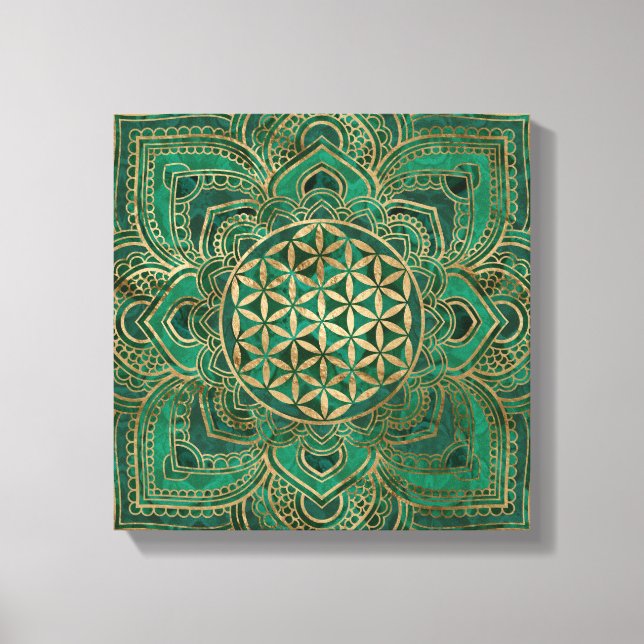 Flower of Life in Lotus - Malachite and gold Canvas Print (Front)