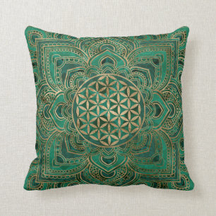 Flower of Life in Lotus - Malachite and gold Cushion