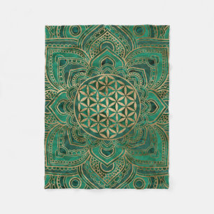Flower of Life in Lotus - Malachite and gold Fleece Blanket