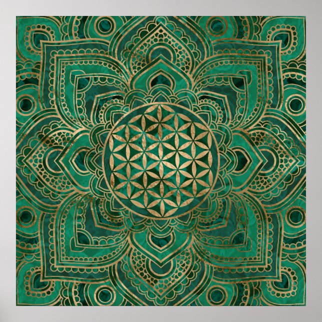 Flower of Life in Lotus - Malachite and gold Poster (Front)