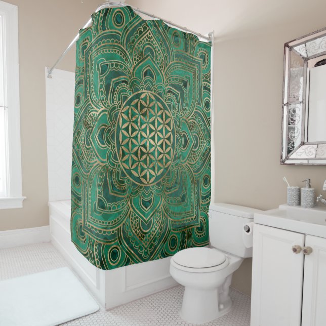 Flower of Life in Lotus - Malachite and gold Shower Curtain (In Situ)