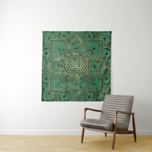 Flower of Life in Lotus - Malachite and gold Tapestry