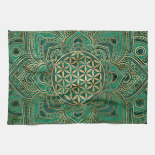 Flower of Life in Lotus - Malachite and gold Tea Towel