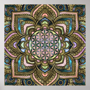 Flower of Life in Lotus - Marble and Gold Poster