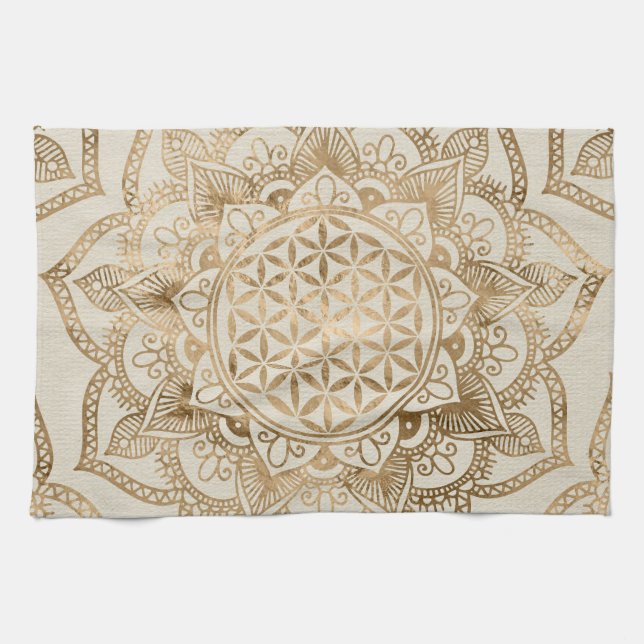 Flower of Life in Lotus - pastel golds and canvas Tea Towel (Horizontal)