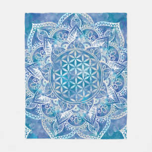 Flower of Life in Lotus - Watercolor Blue Fleece Blanket