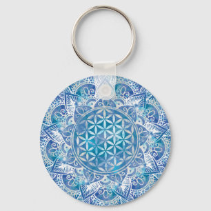 Flower of Life in Lotus - Watercolor Blue Key Ring