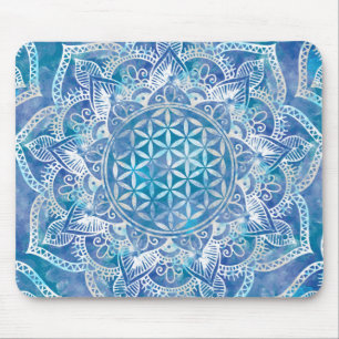 Flower of Life in Lotus - Watercolor Blue Mouse Mat