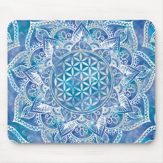 Flower of Life in Lotus - Watercolor Blue Mouse Mat (Front)