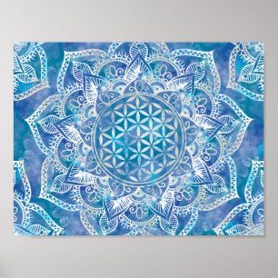 Flower of Life in Lotus - Watercolor Blue Poster