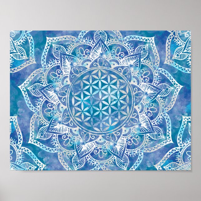 Flower of Life in Lotus - Watercolor Blue Poster (Front)
