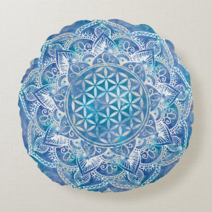 Flower of Life in Lotus - Watercolor Blue Round Cushion