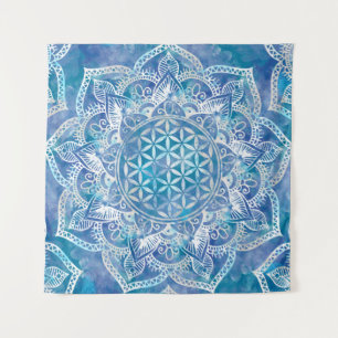 Flower of Life in Lotus - Watercolor Blue Tapestry