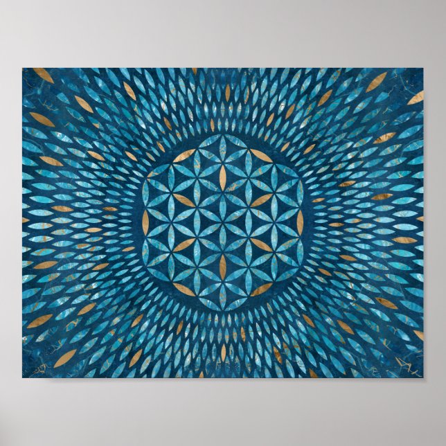 Flower of Life in petals - Blue Marble and Gold Poster (Front)