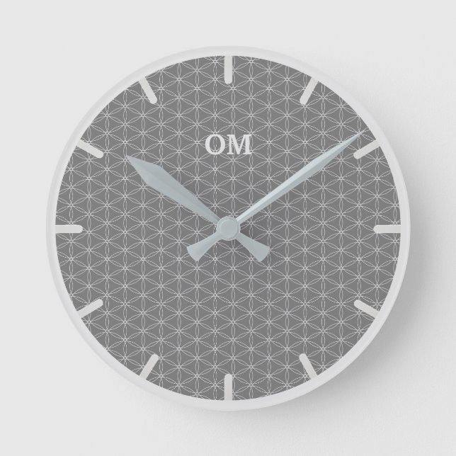 Flower of Life in Silver Dust and Grey Round Clock (Front)