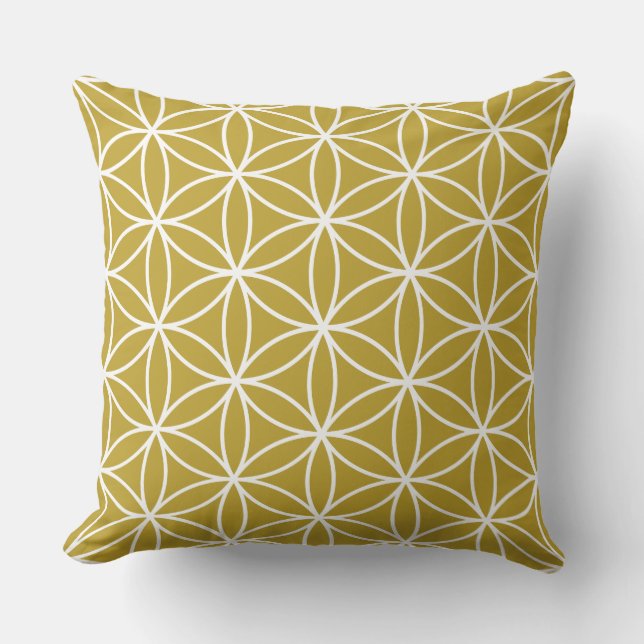 Flower of Life Large Pattern – White on Gold Cushion (Front)