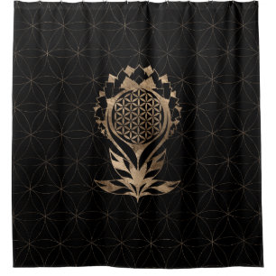 Flower of Life Lotus - Black and Gold Shower Curtain