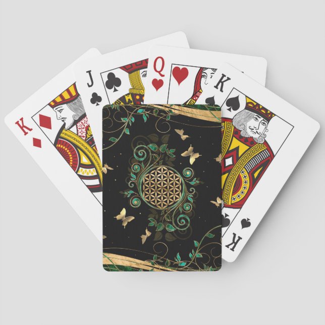 Flower of Life  - Malachite Swirl and Butterflies Playing Cards (Back)