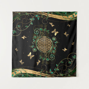 Flower of Life  - Malachite Swirl and Butterflies Tapestry