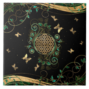 Flower of Life  - Malachite Swirl and Butterflies Tile