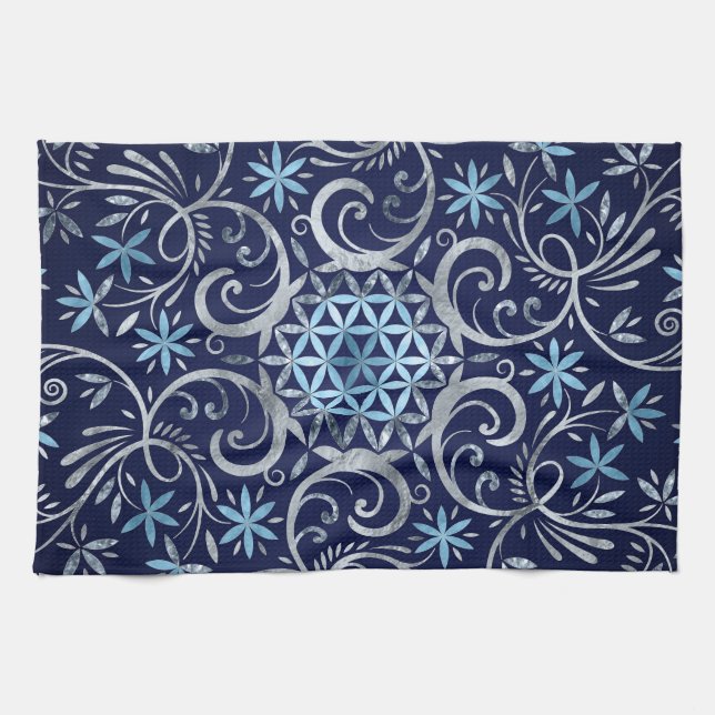 Flower of life Mandala - Silver Blue Tea Towel (Horizontal)