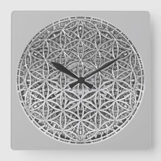 FLOWER OF LIFE - Medal Silver Square Wall Clock (Front)
