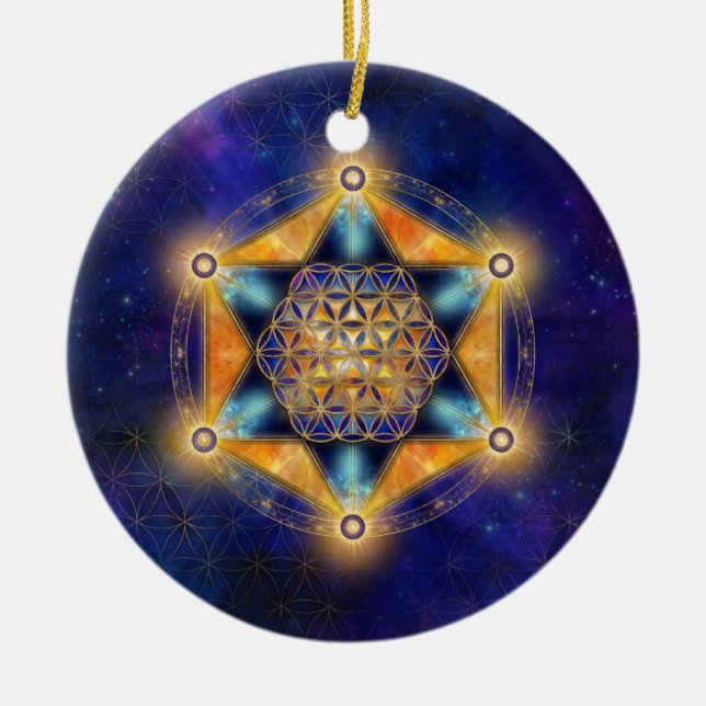 Flower of life Merkaba Star - Sacred Geometry Ceramic Tree Decoration (Front)