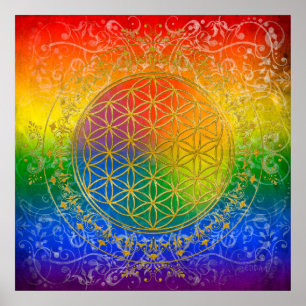 Flower of Life - Ornament Rainbow gold Poster