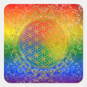 Flower of Life - Ornament Rainbow gold Square Sticker