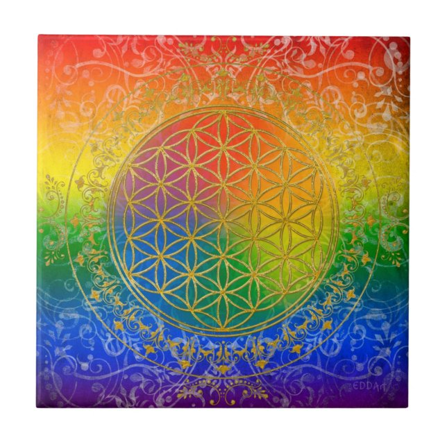 Flower of Life - Ornament Rainbow gold Tile (Front)