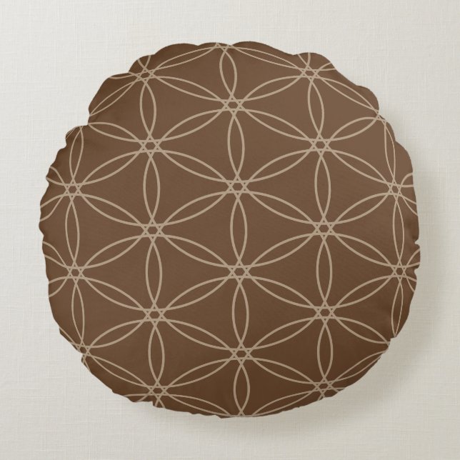 Flower of Life Pattern on Brown Round Cushion (Front)