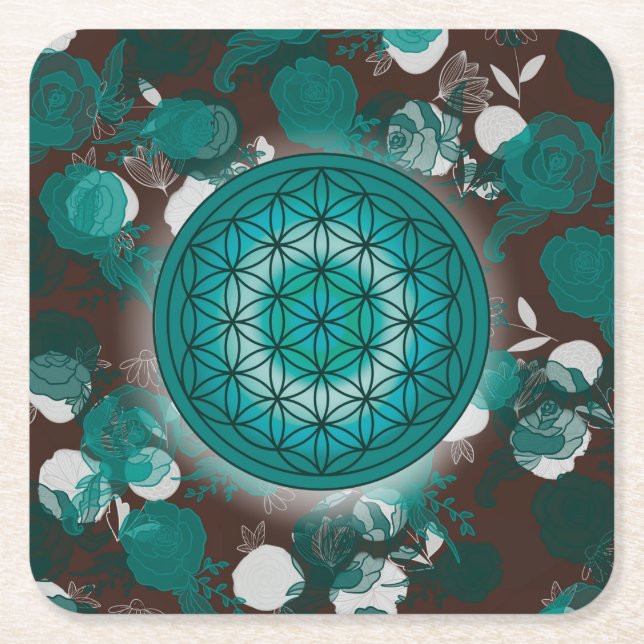 flower of life, sacred geometric,zen, chakra,   square paper coaster (Front)