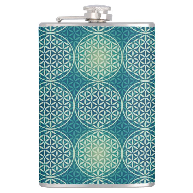 Flower of Life - stamp pattern - cyan blue Hip Flask (Front)